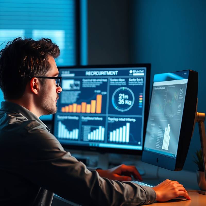 Een persoon die achter een computer zit en recruitmentstrategieën analyseert.