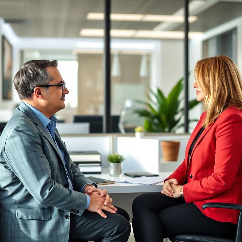 Twee mensen die elkaar interviewen, professionele setting.
